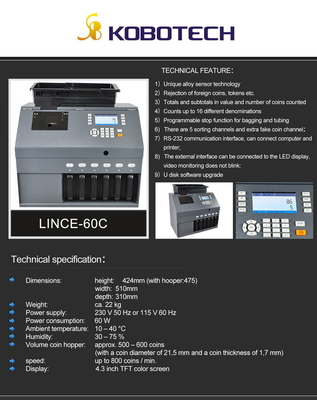 Kobotech LINCE-60C 6 Channels Value Coin Sorter Counter counting sorting machine(ECB 100%)